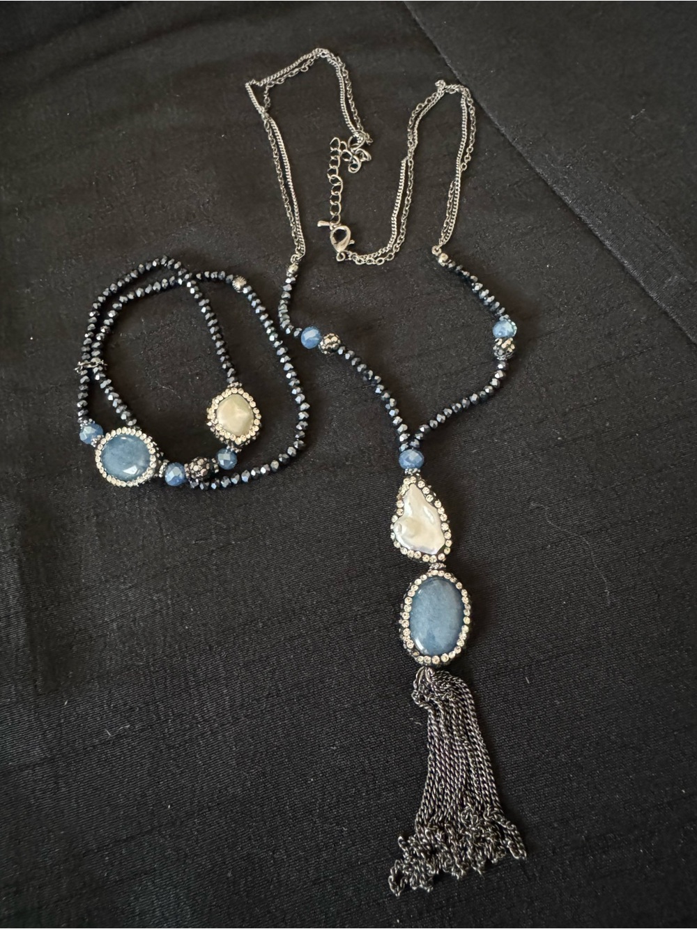 Elegant Blue Beaded Necklace & Bracelet Set - Blue Stone Tassel Jewelry